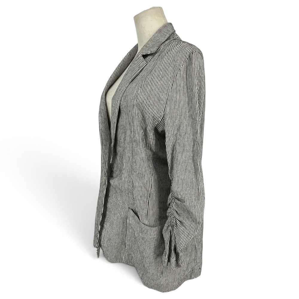Max Studio Striped Linen Blend Ruched Sleeve Blazer Navy Blue White Size M - Picture 2 of 9